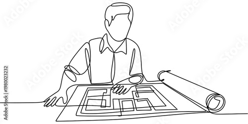 Continuous line drawing of an architect working on a house floor plan project at his office desk Vector, illustration