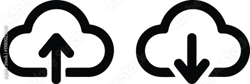 Black cloud icons representing file upload and data download actions for modern user interface navigation systems