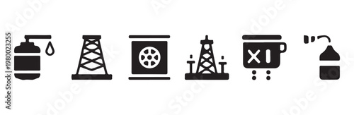 Oil and gas industry infrastructure icons showcasing petroleum extraction and storage units