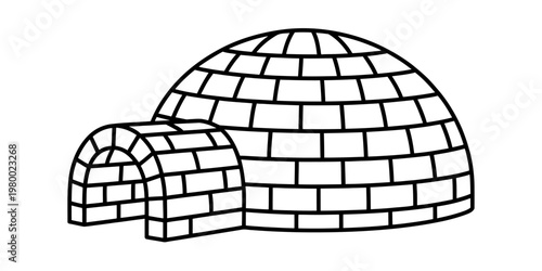 A simple black and white line drawing of a traditional dome shaped igloo made from ice blocks Vector, illustration