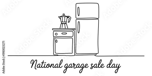 A single line drawing of household kitchen appliances for an event like national garage sale day Vector, illustration