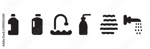 Series of vector silhouettes depicting plastic bottles water faucet shower head and steam