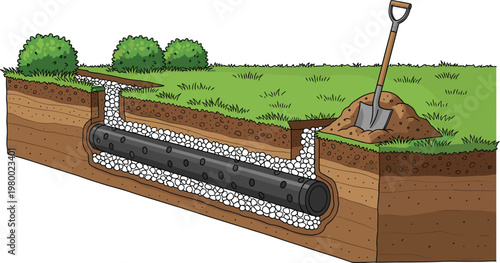 French drain system installation diagram showing perforated pipe gravel trench and soil layers for backyard water management landscaping drainage and foundation protection vector illustration