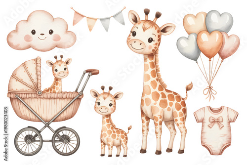 Cute giraffe family watercolor baby shower collection with pram balloons and decor.