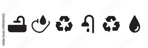 Diverse set of bathroom related icons including bathtub recycle symbol water drop and shower