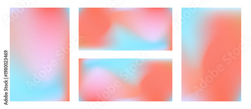 Set of abstract liquid vector wavy turquoise and coral pink mesh gradient backgrounds. Vibrant candy red and blue digital watercolor gradation for blurry concept, fluid design, banner