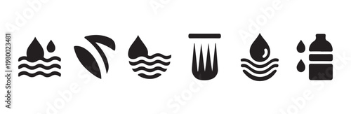 Black water related vector icon set featuring waves leaves drips shower heads and water bottle