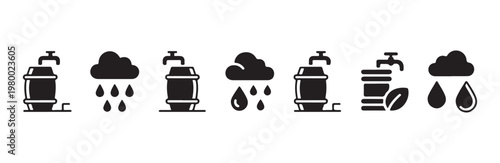 Rain barrel water tap and cloud weather icons set for rainwater harvesting storage systems