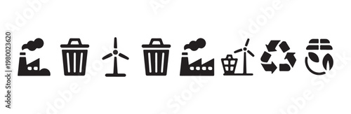 Pollution factory waste bin wind turbine and recycle sign icons set for eco industrial work
