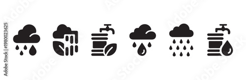 Liquid utility icon collection featuring rain weather elements and water storage symbols