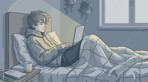 Minimal Flat Illustration of Freelancer Working from Bed at Home