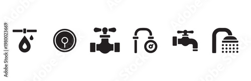 Industrial plumbing and water control icons representing flow management and usage tools
