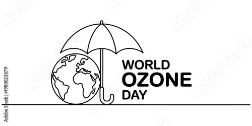 A black and white line art illustration representing world ozone day with earth and an umbrella Vector, illustration