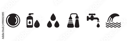 Assorted water utility icons showcasing soap dispenser faucet plumbing pipes and flow signs
