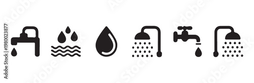 Water saving and plumbing icon collection displaying shower heads drops waves and faucets