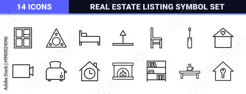 Minimalist home and real estate outline icons for construction and interior design.