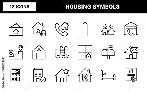 Minimal real estate and housing line icon set for property and mortgage business designs.