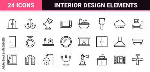 Interior design and home renovation thin line icon set