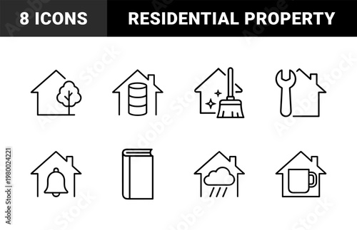 Minimalist residential real estate and home maintenance line icon set