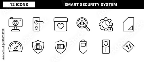 Minimalist home security and smart surveillance line icon set