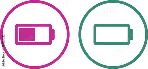 Battery charge indicators showing full and empty status levels for electronic devices and power management systems