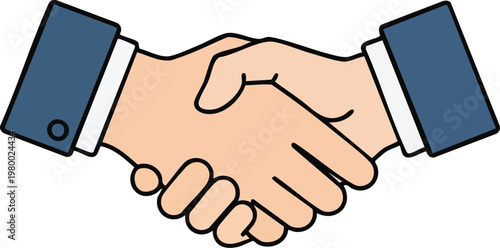 Illustration of two hands shaking in a business agreement against a plain white background.