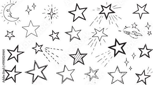 Star icon collage set with hand drawn sketch style. Line, brush and crayon textured stars on vintage background, featuring cute magical sparkle, glow, moon and space themed elements. Vector illustrati