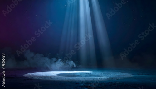 Illuminated Stage with Dramatic Lighting: A dramatic scene of a stage, illuminated by ethereal beams of light piercing through the atmospheric fog, creating an otherworldly and captivating atmosphere.