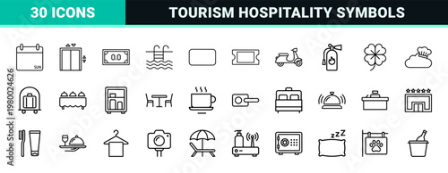 Hospitality and hotel service minimalist line icon set for tourism