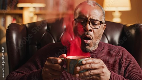 Man Enjoying a Hot Beverage with Changing Atmosphere