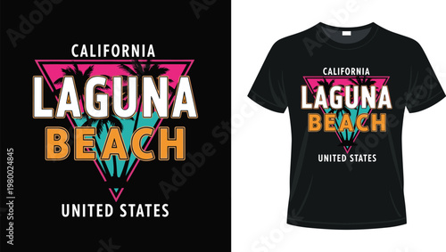 California Laguna Beach United States t-shirt design with retro neon triangle graphic palm trees and bold typography for summer surf apparel