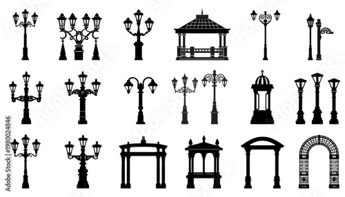 Vintage street lamps and ornamental gate silhouettes vector