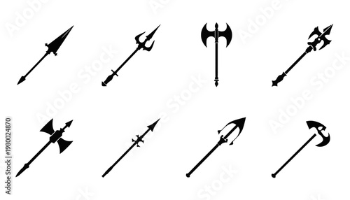 Medieval weapons vector, spear and axe silhouettes, fantasy warrior design elements
