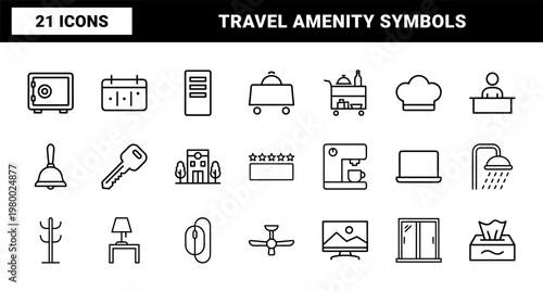 Minimalist hotel service and travel amenities line icon collection.