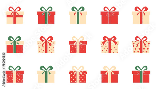 Colorful Christmas and birthday gift boxes with ribbons flat icons.