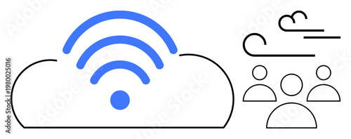 Cloud computing, wireless technology, remote access, team collaboration, digital networking, communication systems. Cloud with wireless signal and people icons. Digital networking and team