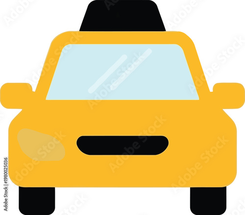 Yellow taxi car front view for transportation and city travel services with driver and passenger availability clear