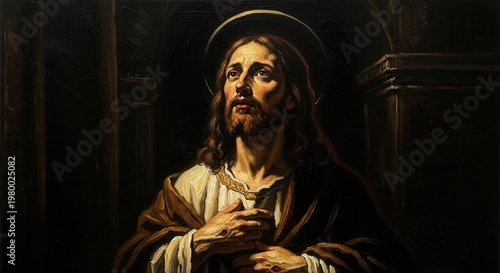 Jesus Christ portrait with halo in oil painting style