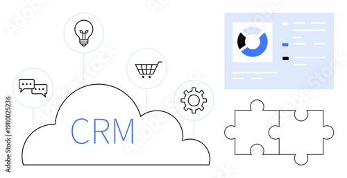 CRM concept. CRM enhancing business management and customer relationships. CRM with data visualization, cloud storage, and collaborative tools. For business strategy, technology, marketing