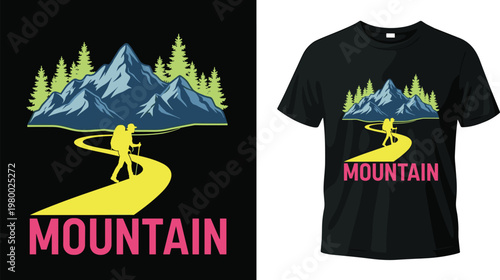 Mountain hiker adventure t-shirt design featuring a backpacker silhouette on a yellow path with blue mountains and pine trees for outdoor lifestyle