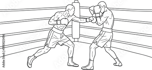 Boxing match action line art illustration with two fighters in ring, competitive sport concept, strength endurance and professional combat minimal outline design