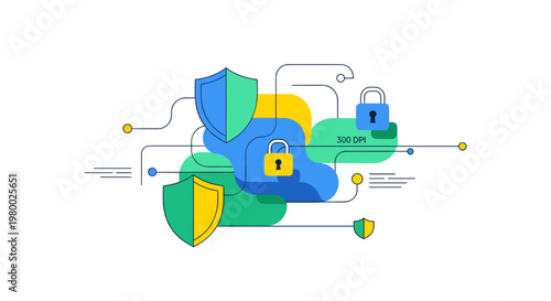 A colorful illustration of a security concept with shields and locks isolated on transparent background, isolated on white background, Vector