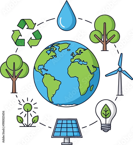 Sustainable world renewable energy and environmental conservation illustration