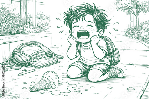Crying Boy With Dropped Ice Cream on Ground