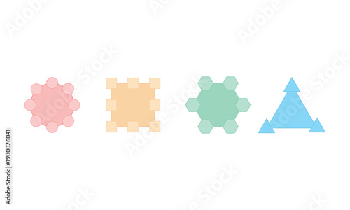 a set of simple, colorful geometric shapes, including circles, squares, hexagons, and triangles, arranged in a row.