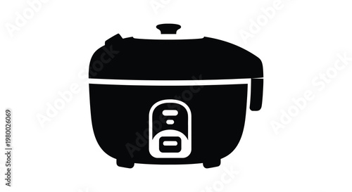 A black and white illustration of a modern rice cooker silhouette
