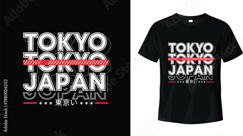 Tokyo Japan urban streetwear t-shirt design with bold layered typography and red graphic element for modern apparel and youth fashion