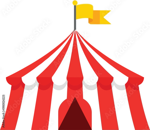 Circus tent, red and white striped big top for entertainment and shows, festival venue with flag and poles, event and performance arena, festive outdoor atmosphere
