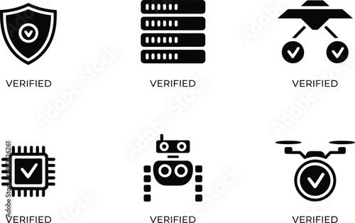 Set of six vector icons showing security shield server nodes chip robot and drone verification symbols