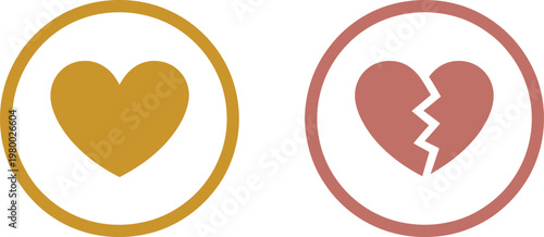 Golden whole heart icon next to a muted red broken heart symbol representing relationship status changes
